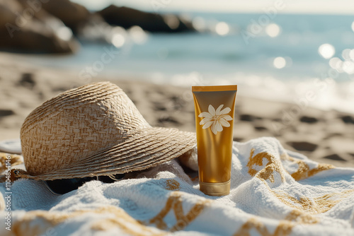 Sunscreen tube on a beach towel with sunglasses and a sun hat by the shoreline photo