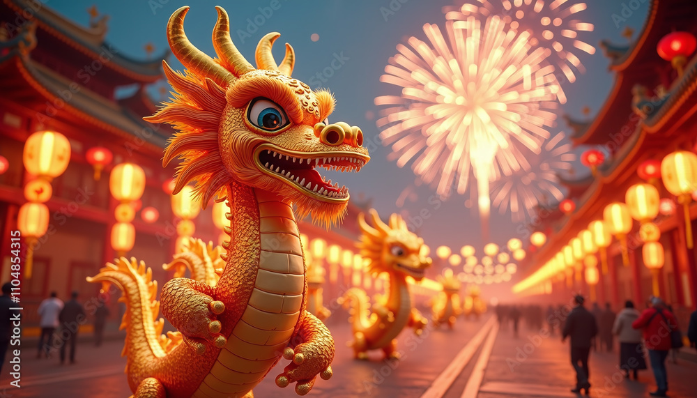 Obraz premium Golden Dragon Parade Under Fireworks