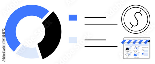 Circular pie chart with three colored segments connected to business icons of money and website. Ideal for financial analysis, market research, business strategy, data comparison, economic studies