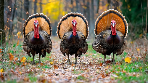 Wild turkeys walking through autumn forest wildlife photography nature scene close-up view photo