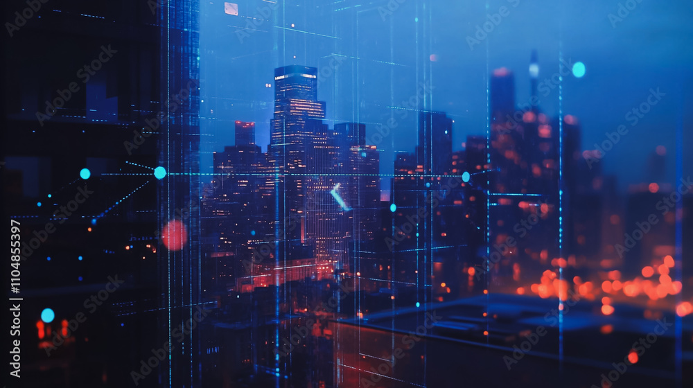 Obraz premium Smart digital city with connection cyber security network reciprocity over the twilight cityscape.future wireless digital city and social media networking systems that connects people within the city
