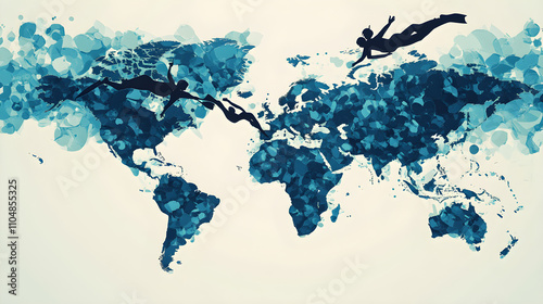 Global Underwater Adventure Silhouettes of Divers Exploring the World Map photo