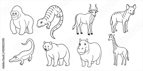 Set of hand-drawn line art illustrations of jungle animals & plants photo