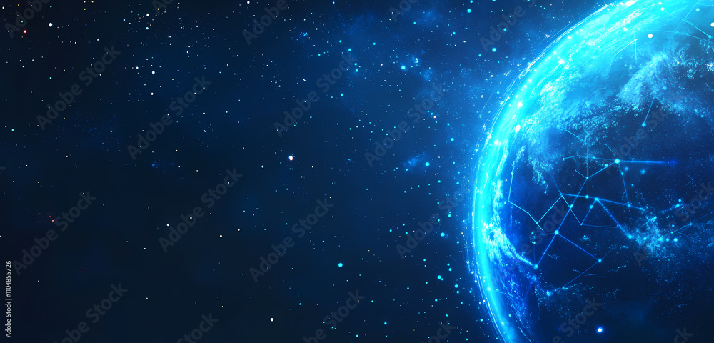 Fototapeta premium Digital representation of Earth surrounded by blue glowing data points and geometric lines, symbolizing technology, global networks, and advanced communication systems.