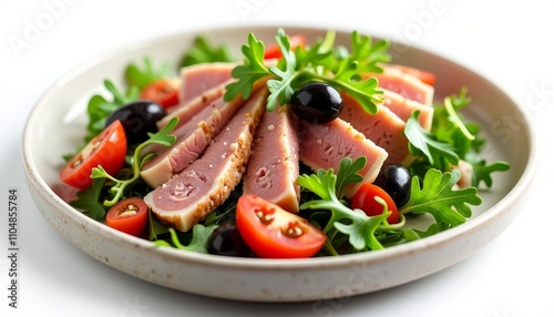 Seared tuna salad with cherry tomatoes and olives