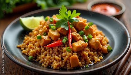 Meatless meal with fried tofu on top of a bed of rice