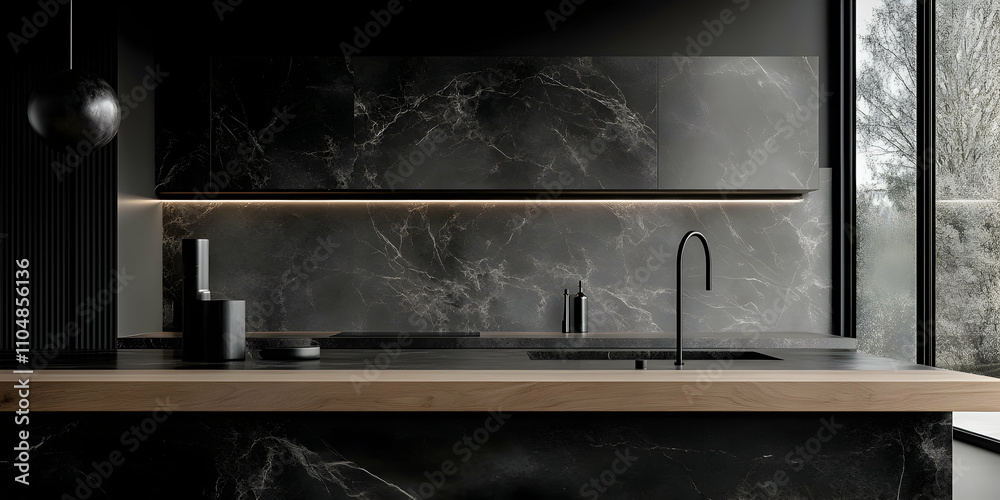 Modern Dark Kitchen, Sleek Marble Design with Wooden Accents Modern Dark Kitchen, Sleek Marble Design with Wooden Accents