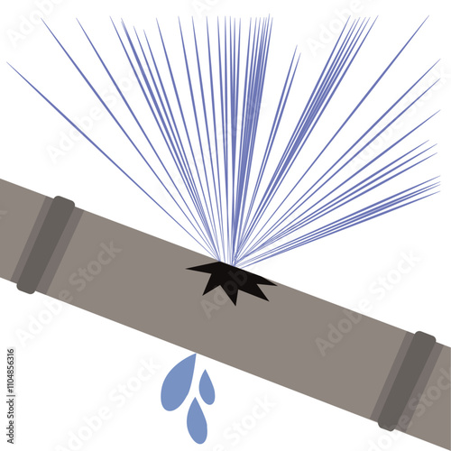 Broken water pipe leaking, Leakage of water, Hole and damage, Stream, drop with splashes and hole.