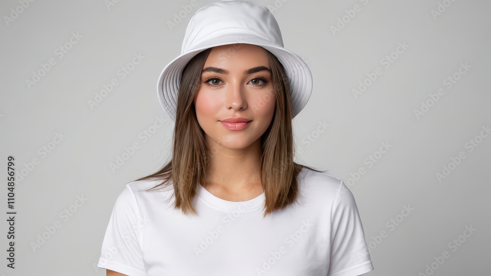 Young woman wearing white t-shirt and white bucket hat isolated on grey background Young woman wearing white t-shirt and white bucket hat isolated on grey background