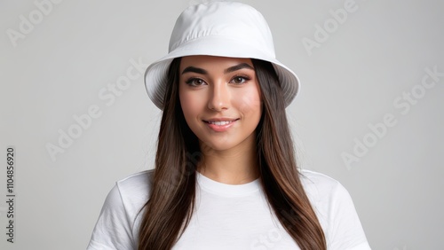 Young woman wearing white t-shirt and white bucket hat isolated on grey background