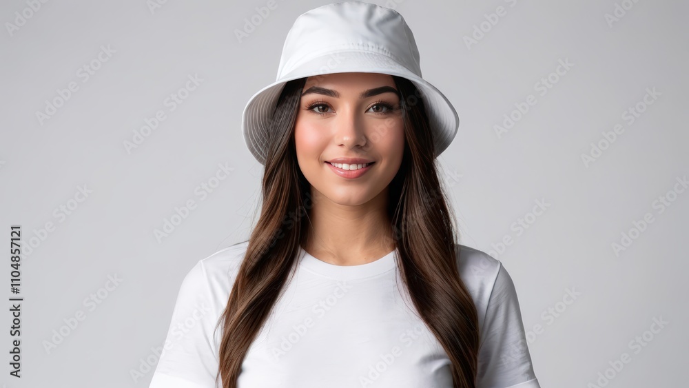 Young woman wearing white t-shirt and white bucket hat isolated on grey background Young woman wearing white t-shirt and white bucket hat isolated on grey background