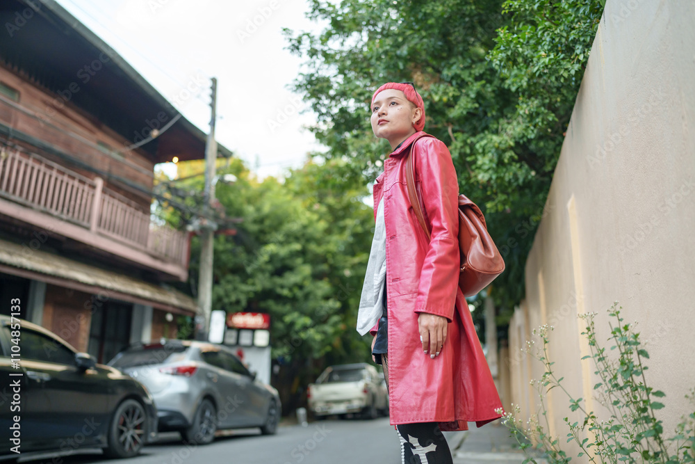 Fototapeta premium Gen z girl leather fashion with punk Asian woman tourist of local city Southeast Asia travel trendy pink hairstyle young female punk traveler walking around in town