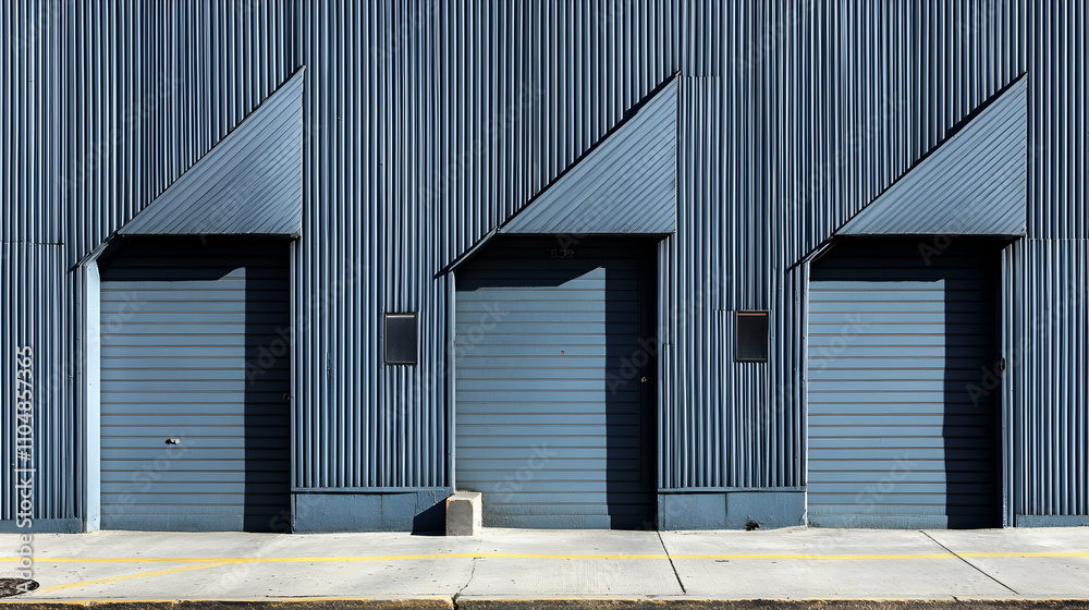 Fototapeta premium Abstract Industrial Building, Three Blue Roll-Up Doors with Geometric Triangular Canopies in Sunlight