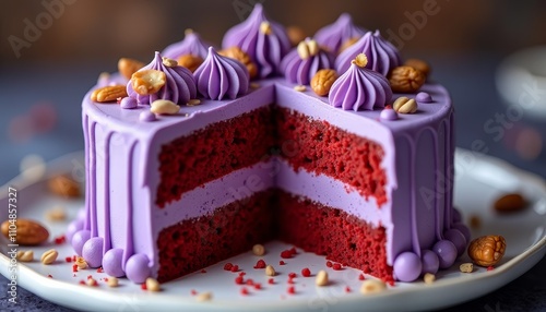 Triple layered red velvet cake with purple frosting and almond garnish photo