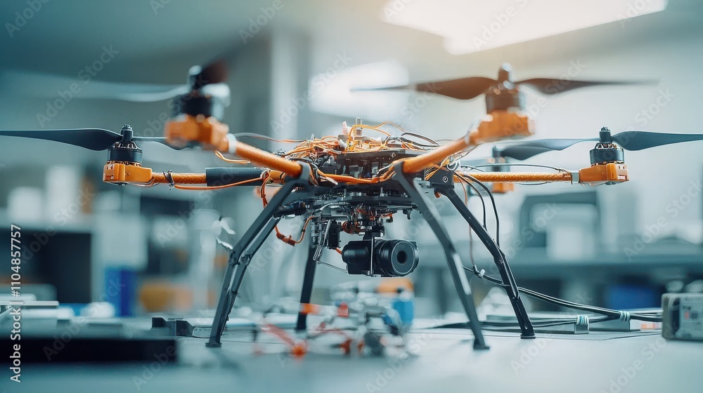 Closeup of a homemade drone rigged with small explosives in an industrial setting detailed view of technology and innovation Closeup of a homemade drone rigged with small explosives in an industrial setting detailed view of technology and innovation