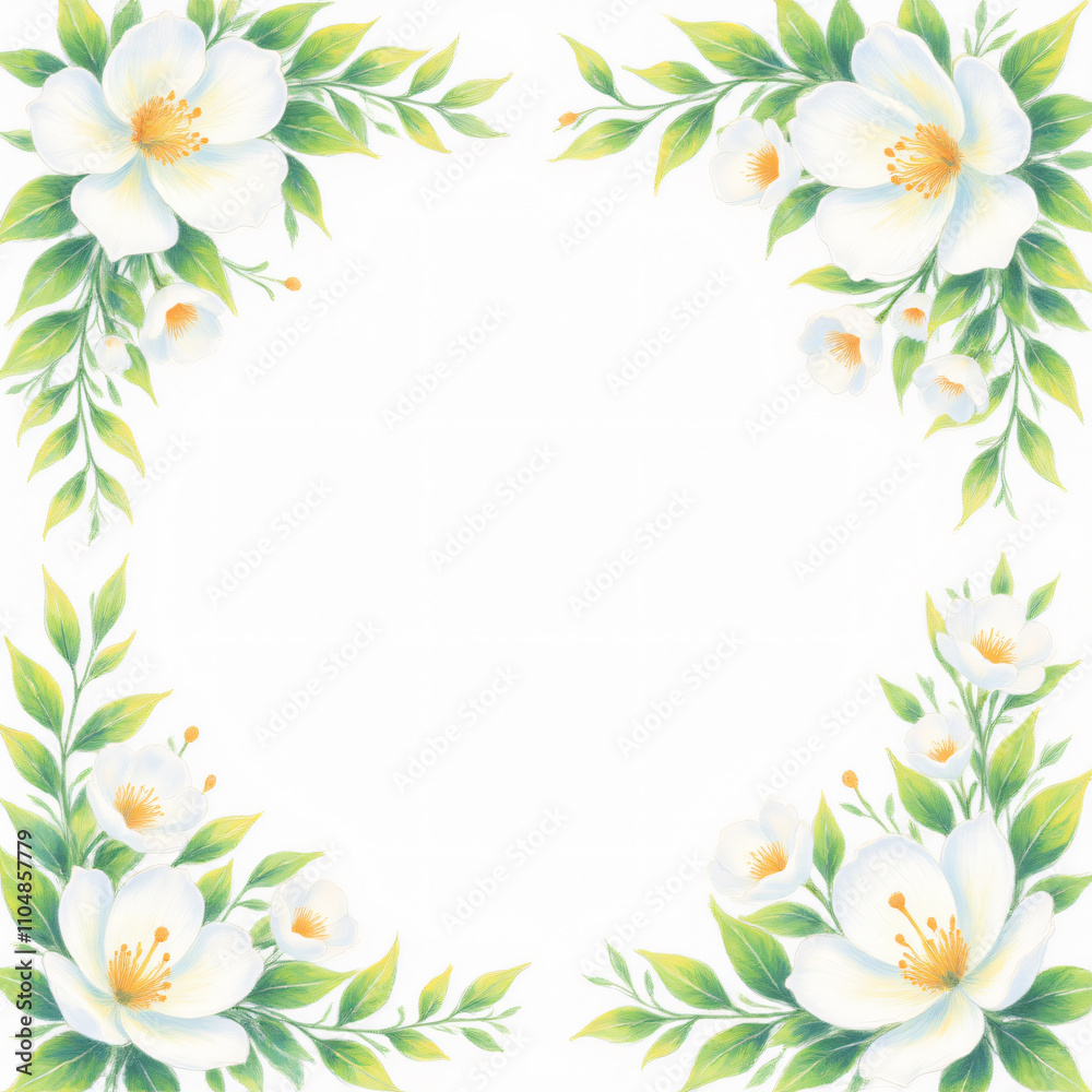 A beautifully arranged floral border featuring white flowers and green leaves, designed to frame a blank space, ideal for invitations or greeting cards in floral design. A beautifully arranged floral border featuring white flowers and green leaves, designed to frame a blank space, ideal for invitations or greeting cards in floral design.