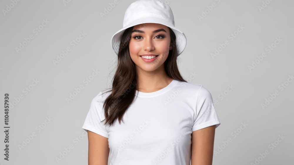 Young woman wearing white t-shirt and white bucket hat isolated on grey background Young woman wearing white t-shirt and white bucket hat isolated on grey background