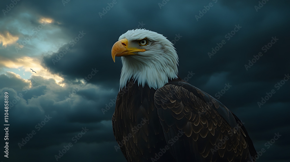 Majestic bald eagle perched under dramatic cloudy sky during twilight Majestic bald eagle perched under dramatic cloudy sky during twilight