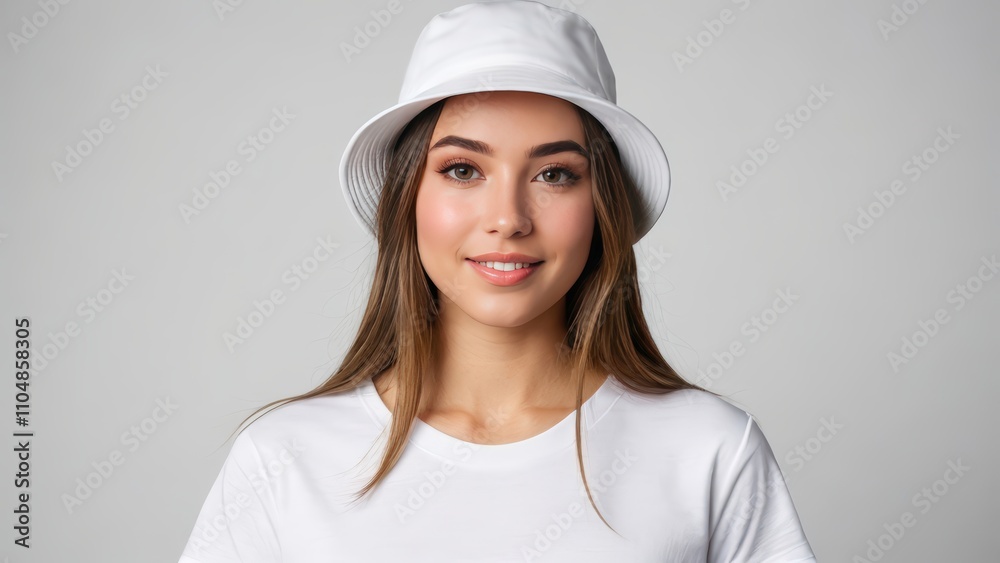 Young woman wearing white t-shirt and white bucket hat isolated on grey background Young woman wearing white t-shirt and white bucket hat isolated on grey background