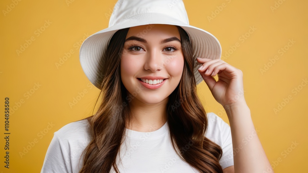 Young woman wearing white t-shirt and white bucket hat isolated on yellow background Young woman wearing white t-shirt and white bucket hat isolated on yellow background