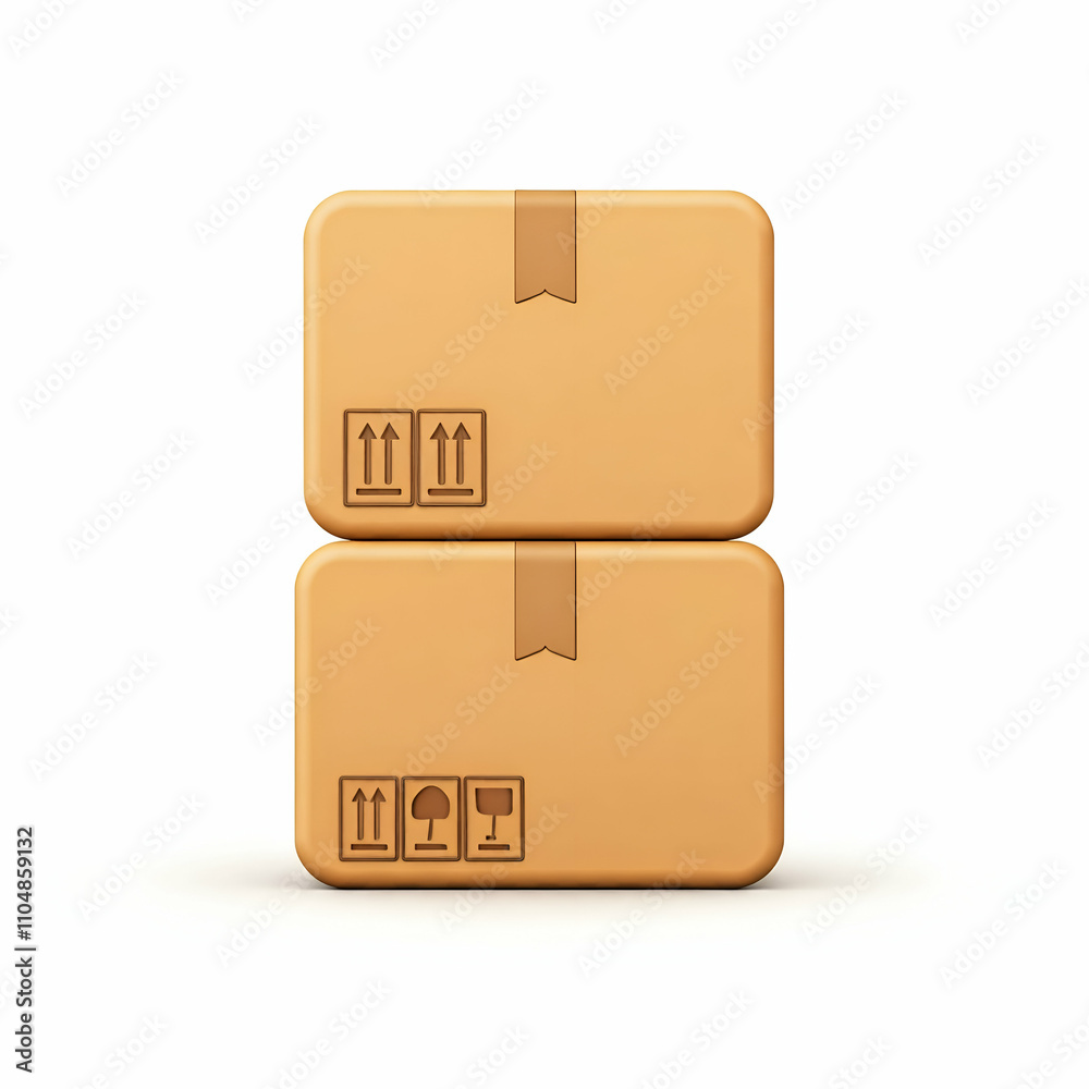 Obraz premium 3D Cardboard Box Stack Icon with Two Tan Plastic Boxes and Arrows Printed on the Sides