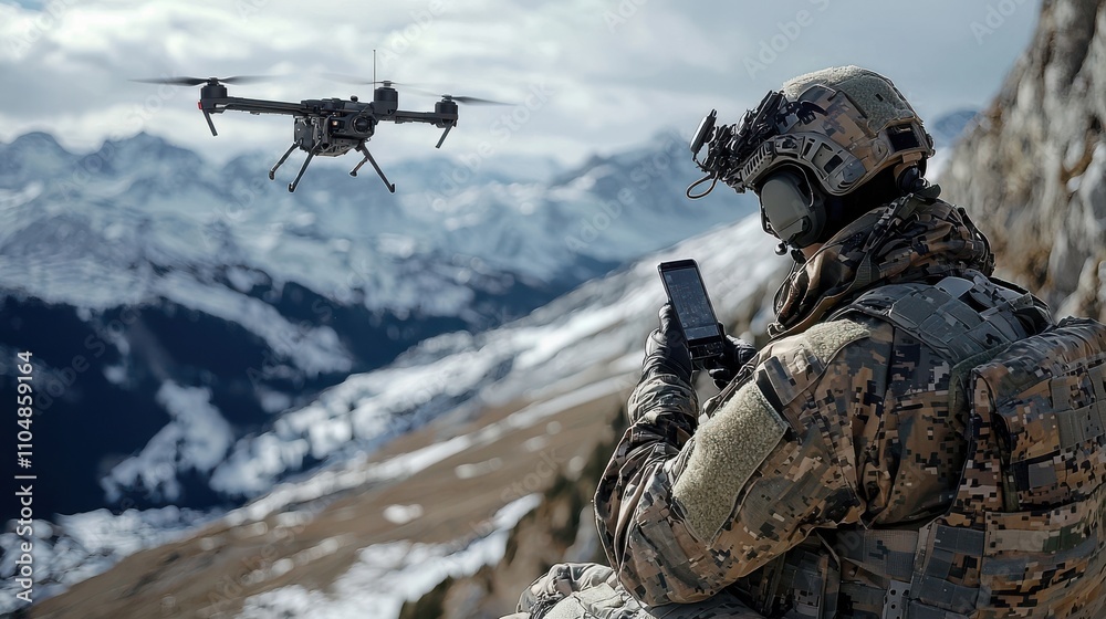 Drone operator in full combat gear piloting armed drone mountains military action rugged terrain aerial view tactical operations in high-stakes environment for enhanced surveillance and defense Drone operator in full combat gear piloting armed drone mountains military action rugged terrain aerial view tactical operations in high-stakes environment for enhanced surveillance and defense