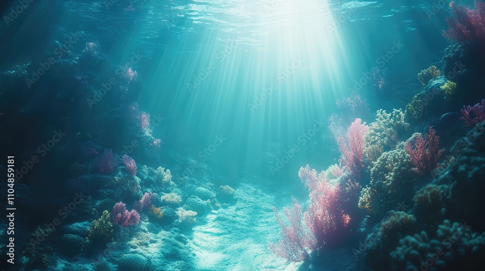 Underwater scene with vibrant corals illuminated by sunlight filtering through water. Underwater scene with vibrant corals illuminated by sunlight filtering through water.