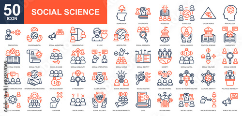 Social Science icon collection set. Social care, education, social justice, critical thinking, human thinking icon. Simple line color vector.