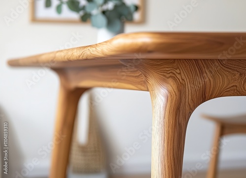 Close-up detail of a modern, sculpted wooden dining table leg showcasing exquisite grain and craftsmanship.  The image highlights the unique design and high-quality materials. photo