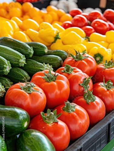 Fresh produce market display colorful vegetables local farmers market food photography outdoor setting close-up view healthy eating