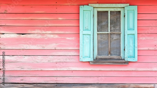 Pastel Pink Wooden House with Aqua Window