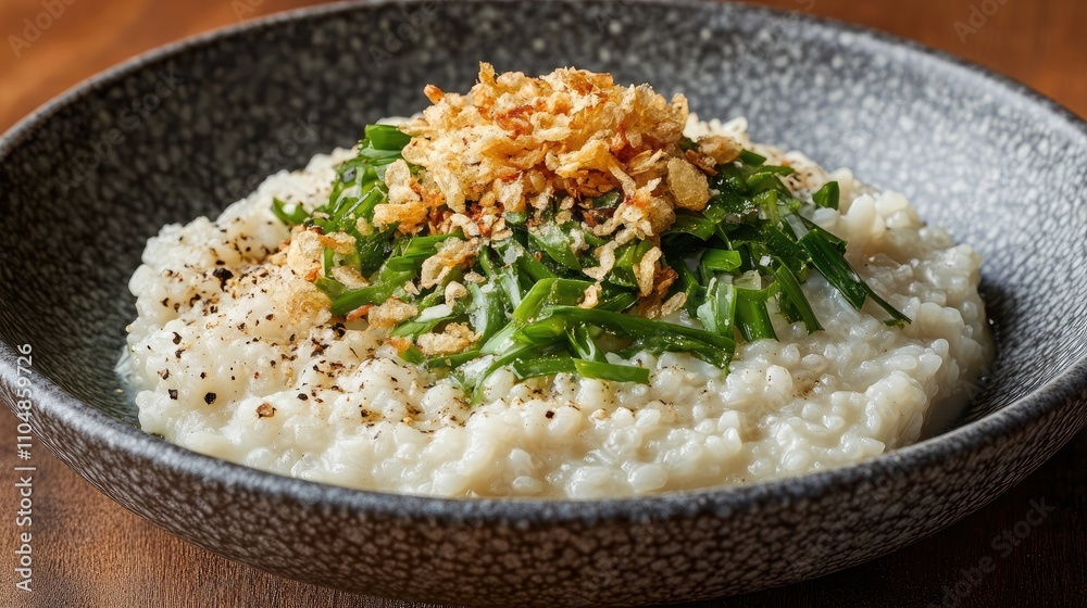 Creamy Savory Rice Dish Topped with Fresh Chopped Herbs and Crispy Fried Onions Served in a Rustic Bowl on a Wooden Table Creamy Savory Rice Dish Topped with Fresh Chopped Herbs and Crispy Fried Onions Served in a Rustic Bowl on a Wooden Table
