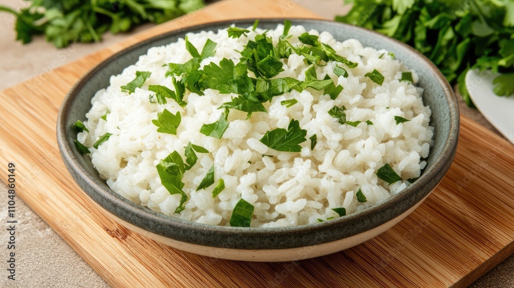 Freshly Cooked White Rice Topped with Chopped Green Herbs Served in a Stylish Bowl on a Wooden Cutting Board in a Bright Kitchen Environment Freshly Cooked White Rice Topped with Chopped Green Herbs Served in a Stylish Bowl on a Wooden Cutting Board in a Bright Kitchen Environment