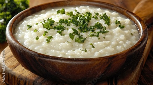 Creamy and Smooth Rice Dish with Fresh Parsley Garnish Served in a Rustic Wooden Bowl on a Wooden Cutting Board for Culinary Delight