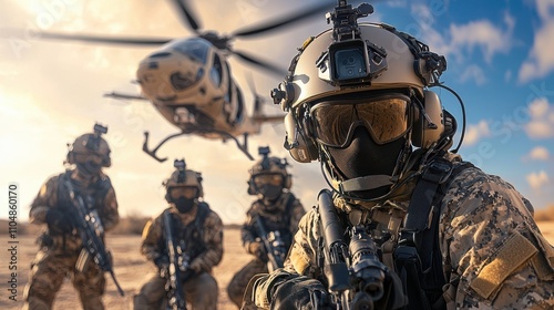 Military team utilizing drones for enhanced aerial support operations desert terrain action photography tactical environment strategic viewpoint modern warfare concept