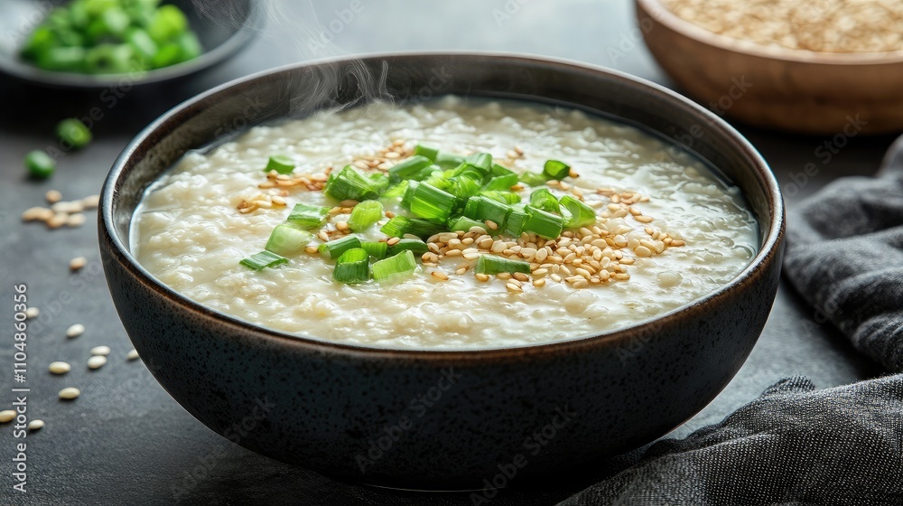 Creamy Rice Porridge with Green Onion and Sesame Seeds, Perfect for Breakfast or Comfort Food on a Cozy Morning in a Stylish Bowl Creamy Rice Porridge with Green Onion and Sesame Seeds, Perfect for Breakfast or Comfort Food on a Cozy Morning in a Stylish Bowl
