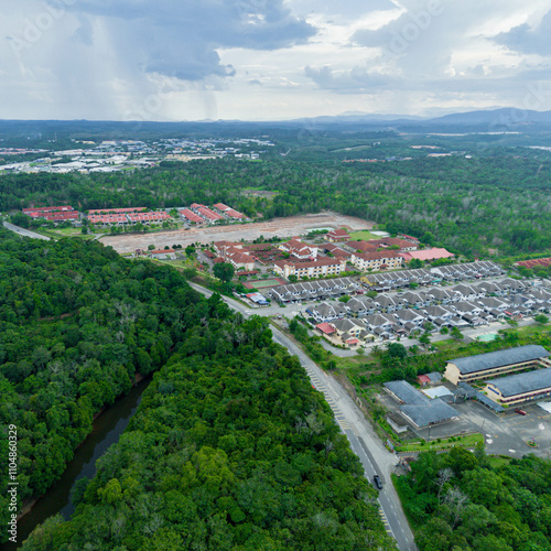 Aerial drone view of Chatin Lake or Tasik Chatin near downtown at Mentakab, Pahang, Malaysia.