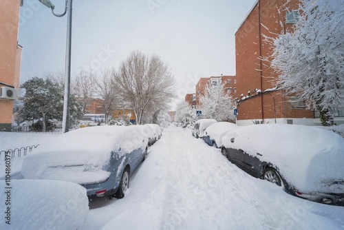 Impressive snowfall in Torrejon de Ardoz (Madrid) in the storm called Filomena. photo