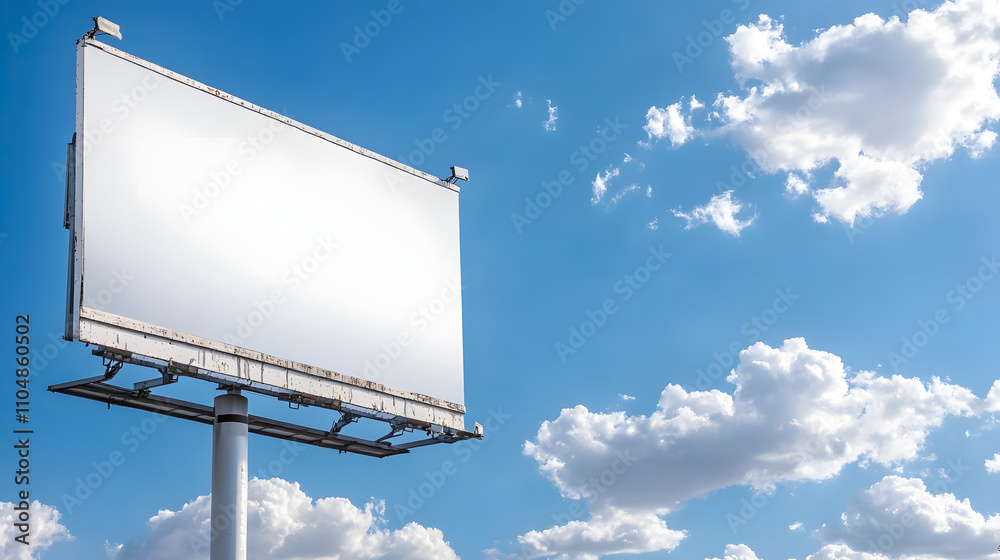 Blank billboard stands against a clear blue sky with fluffy clouds during a sunny day Blank billboard stands against a clear blue sky with fluffy clouds during a sunny day