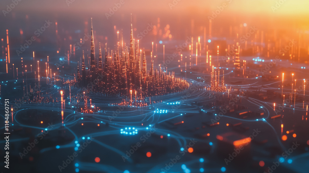 Obraz premium Smart digital city with connection cyber security network reciprocity over the twilight cityscape.future wireless digital city and social media networking systems that connects people within the city 