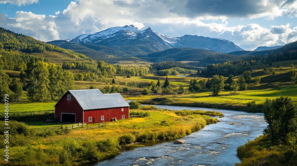 Scenic Farm Landscape with Red Barn, Majestic Mountains, Serene River, Lush Green Fields, Tranquil Rural Setting, Idyllic Countryside View, Nature's Harmony Scenic Farm Landscape with Red Barn, Majestic Mountains, Serene River, Lush Green Fields, Tranquil Rural Setting, Idyllic Countryside View, Nature's Harmony
