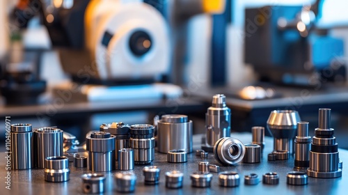 Close-up View of Diverse Precision Metal Parts on a Workbench in a Well-Lit Machine Shop, Illustrating Manufacturing and Engineering Excellence