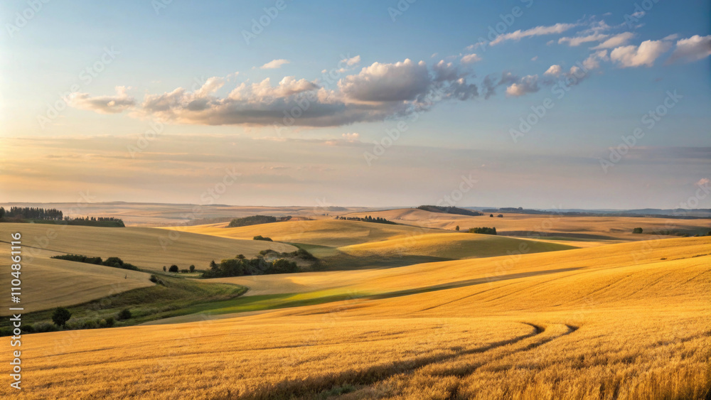 Fototapeta premium Golden fields under a serene sky at sunset