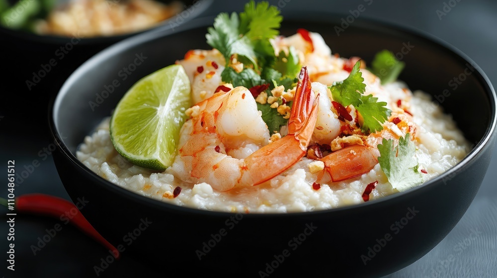 Delicious Shrimp and Creamy Grits Garnished with Lime, Fresh Cilantro, and Red Pepper Flakes in a Stylish Black Bowl on a Dark Background