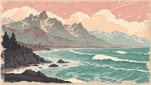 Serene coastal landscape with mountains and waves photo