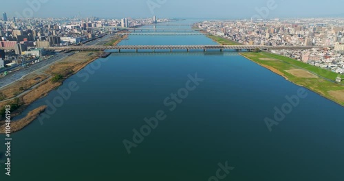 Aerial view 4k video by drone of River and building in Osaka city, Osaka Prefecture, Japan.