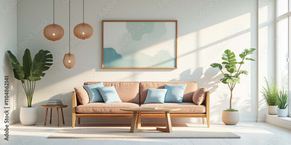 Fototapeta premium A stylish living room with a beige sofa and colorful cushions, adorned with hanging lanterns and plants, creating a warm and inviting space for relaxation.