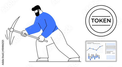 Man using a pickaxe, symbolizing cryptocurrency mining, next to a token circle and a chart-filled analytics screen. Ideal for blockchain, cryptocurrency, financial technology, data analysis, digital