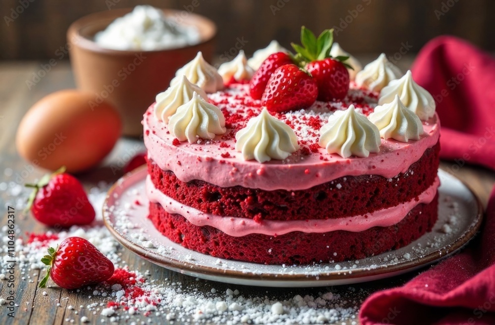 Red velvet cake with pink cream and strawberries on a white plate on wooden table with eggs and flour behind. Copy space. Concept: sweet food, classic American dessert, culinary blog, social media Red velvet cake with pink cream and strawberries on a white plate on wooden table with eggs and flour behind. Copy space. Concept: sweet food, classic American dessert, culinary blog, social media