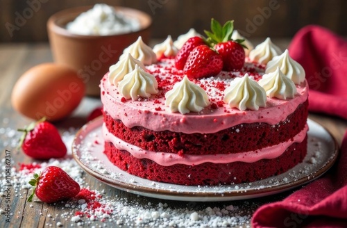 Red velvet cake with pink cream and strawberries on a white plate on wooden table with eggs and flour behind. Copy space. Concept: sweet food, classic American dessert, culinary blog, social media